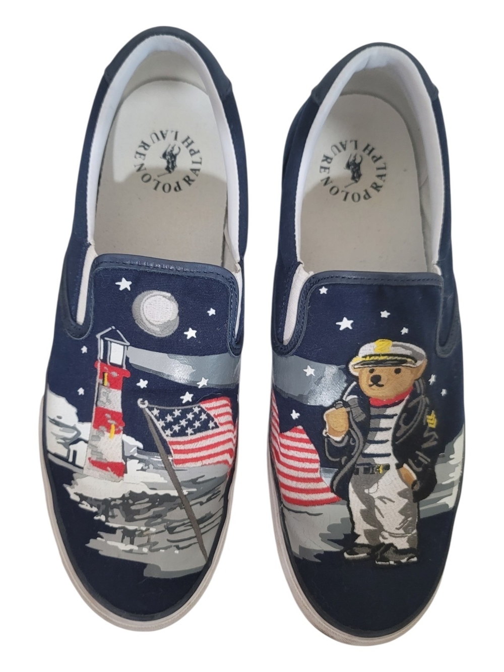 Ralph Lauren Navy Slip-On Sneakers with Nautical Bear & Lighthouse